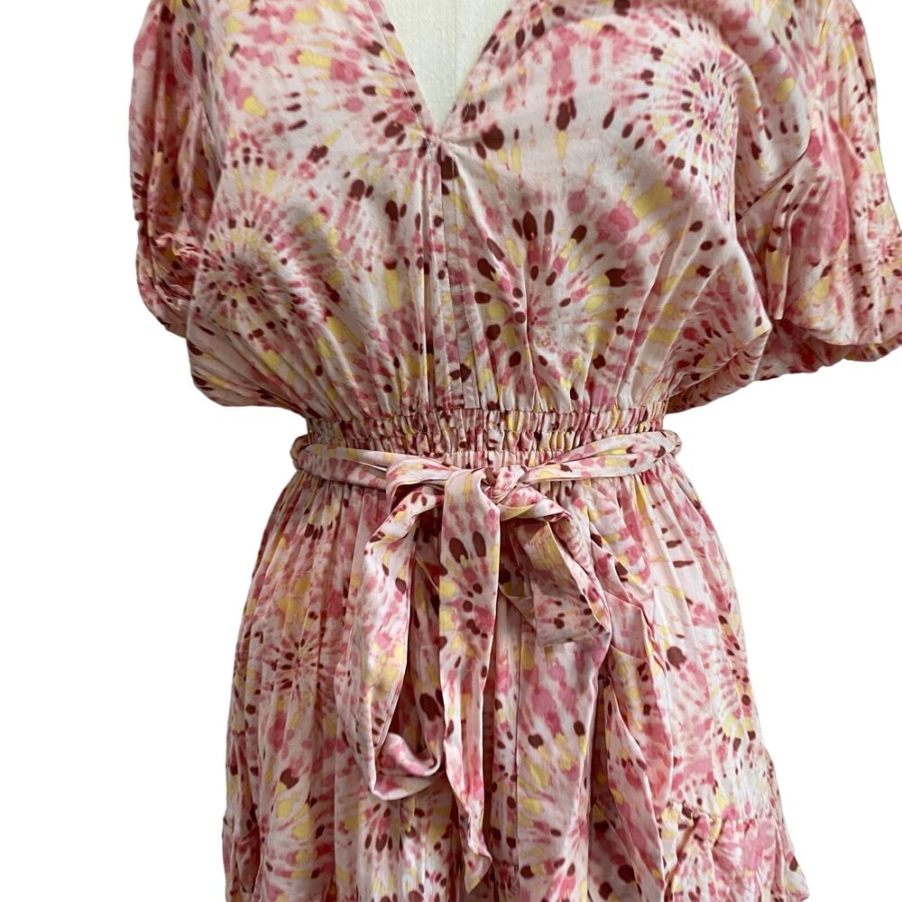 MISA Eloise Pink Tie Waist Puff Sleeve Ruffle Hem Boho Mini Dress Sz M - Picture 5 of 11